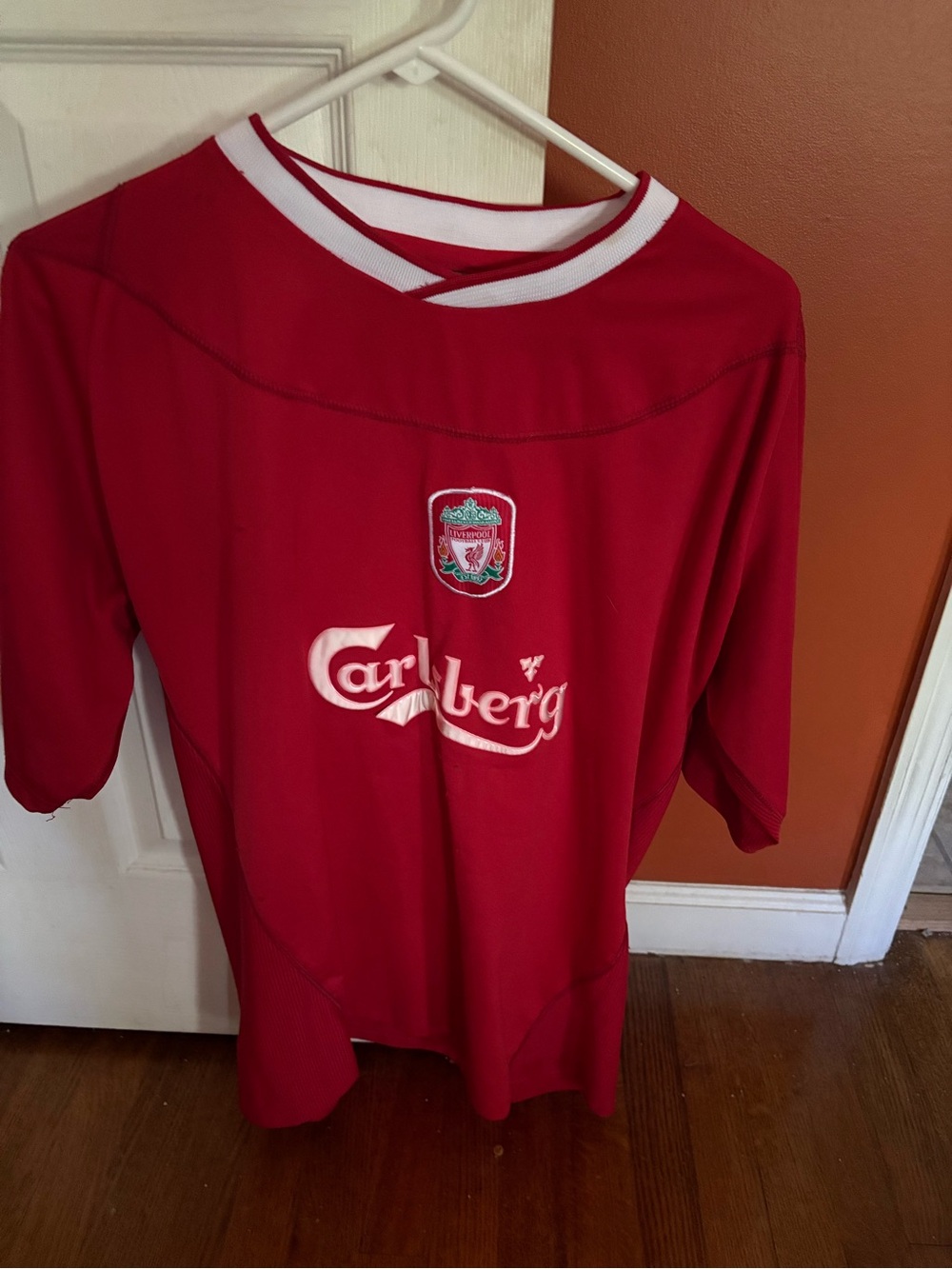 Liverpool Red Home Soccer Jersey with White Trim and Crest
